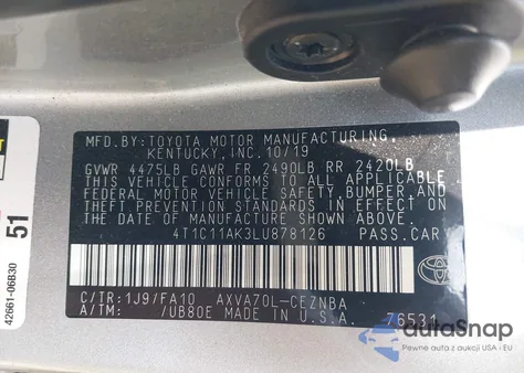 2020 Toyota Camry Le из США, поврежденный, VIN 4T1C11AK3LU878126